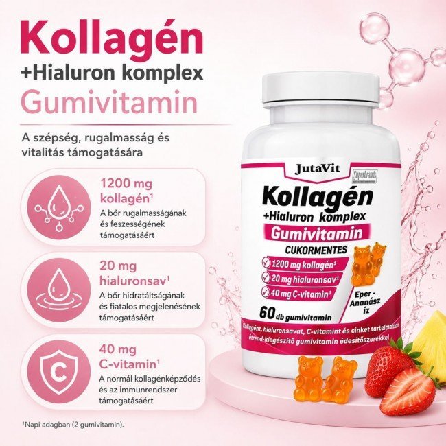 JutaVit Kollagén + Hialuron komplex eper-ananász ízű cukormentes gumivitamin 60db