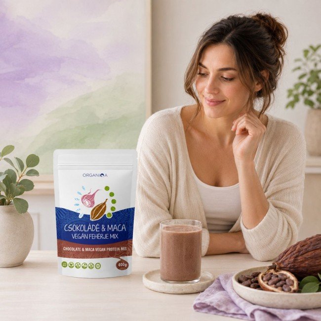 Organiqa 100% bio csokoládé-maca vegán fehérje mix 400g