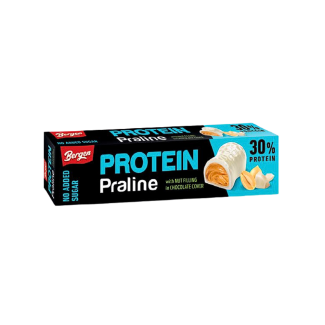Bergen proteines, fehércsokoládés praliné földimogyoróval töltve hozzáadott cukor nélkül, édesítőszerrel 50g