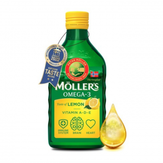 Möllers omega-3 halolaj étrend-kiegészítő a, d és e-vitaminnal, citrom ízesítéssel 250ml