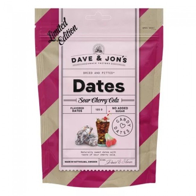 Dave & Jon's dates sour cherry cola mag nélküli ízesített datolya cherry cola ízben, hozzáadott cukor nélkül 125 g