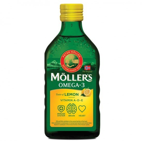 Möllers omega-3 halolaj étrend-kiegészítő a, d és e-vitaminnal, citrom ízesítéssel 250ml