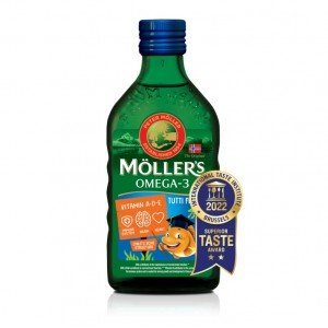 Möllers omega-3 halolaj étrend-kiegészítő a, d és e-vitaminnal, tutti-frutti ízesítéssel 250ml