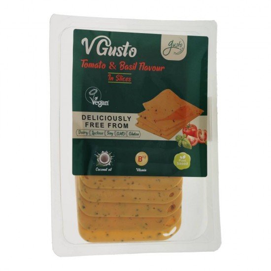 Gusto vegan paradicsom&bazsalikom ízű szeletelt készítmény 140g Gusto vegan paradicsom&bazsalikom ízű szeletelt készítmény 140g